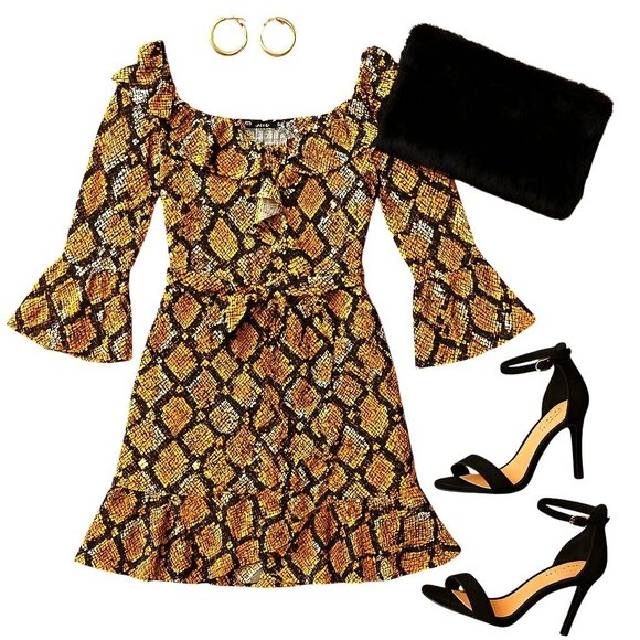 Boohoo Snakeskin Print Ruffle Mini Dress Long Sleeve Bold Party Fashion Look - Picture 1 of 15